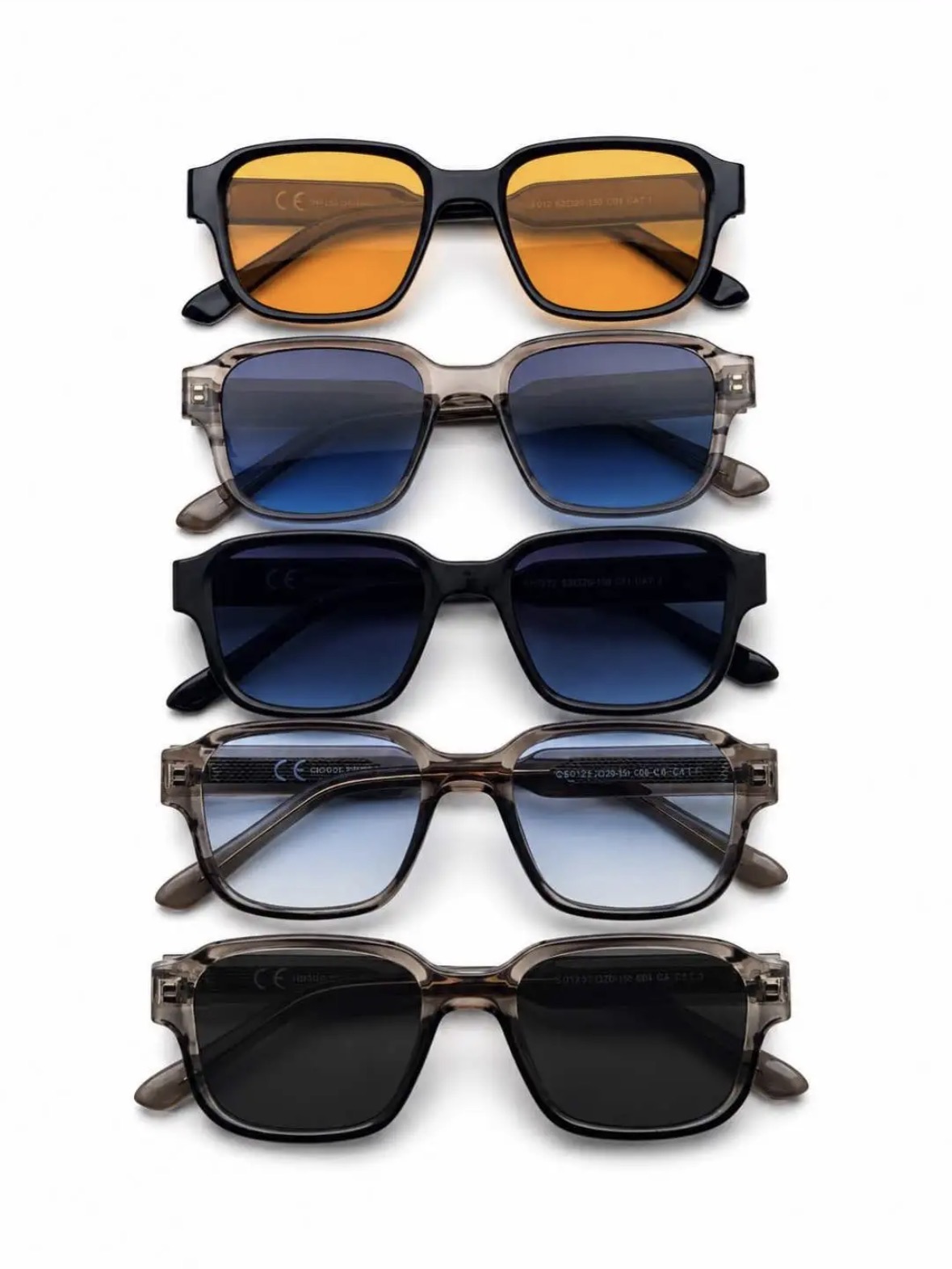 Le modèle en orange ambré, bleu nuit, gris fumé et bleu ciel sur monture cristal